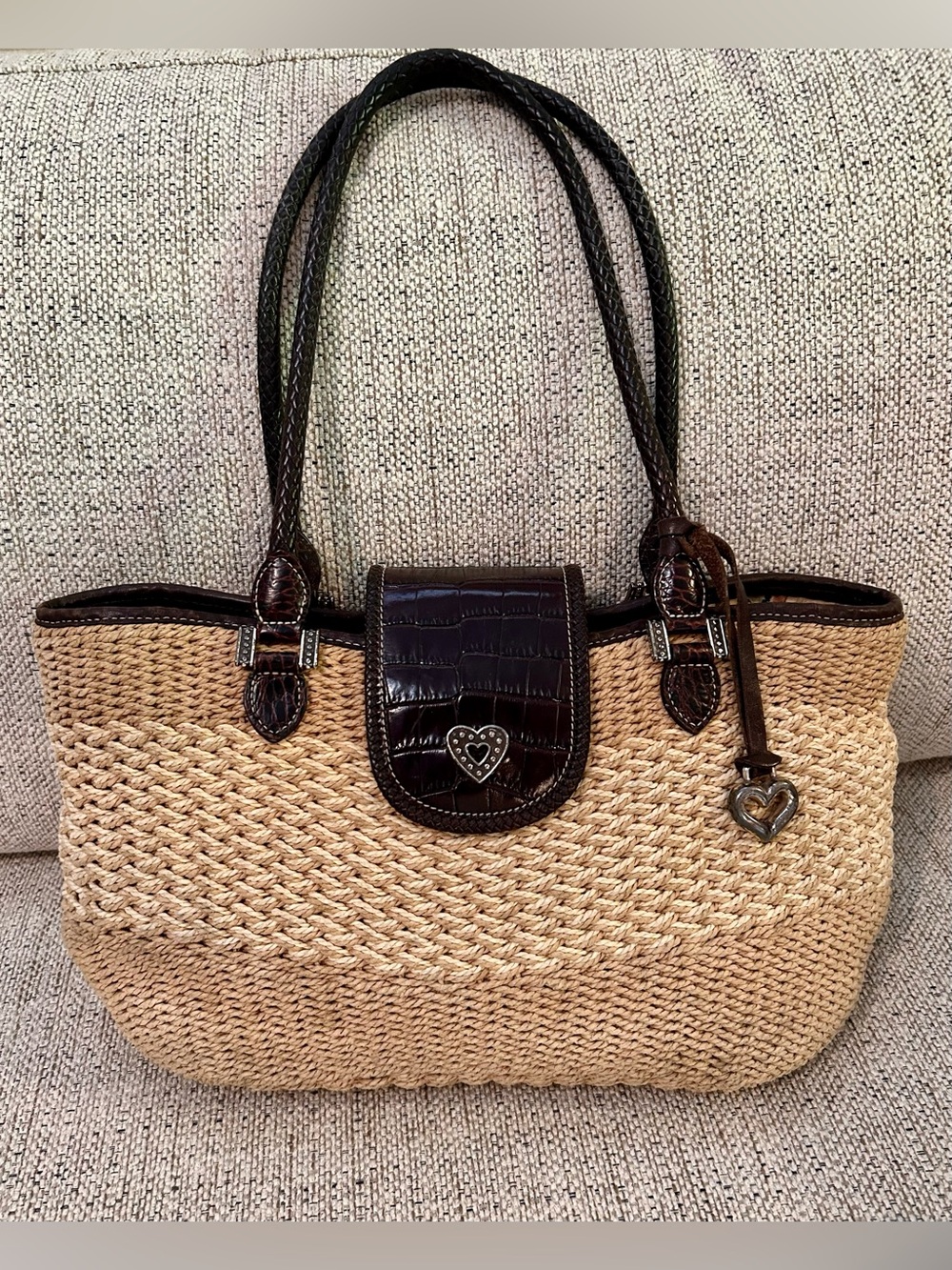 Brighton Savannah Elegant Brown & Tan Woven Handbag With Braided Leather Straps